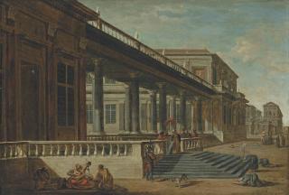 Jacob Ferdinand Saeys - A capriccio  of a palace terrace with a family of mendicants in the foreground, a pasha and his retinue beyond