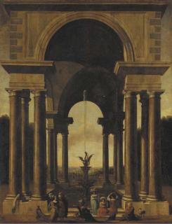 Jacob Ferdinand Saeys - A classical portico with an elegant company gathered by a fountain