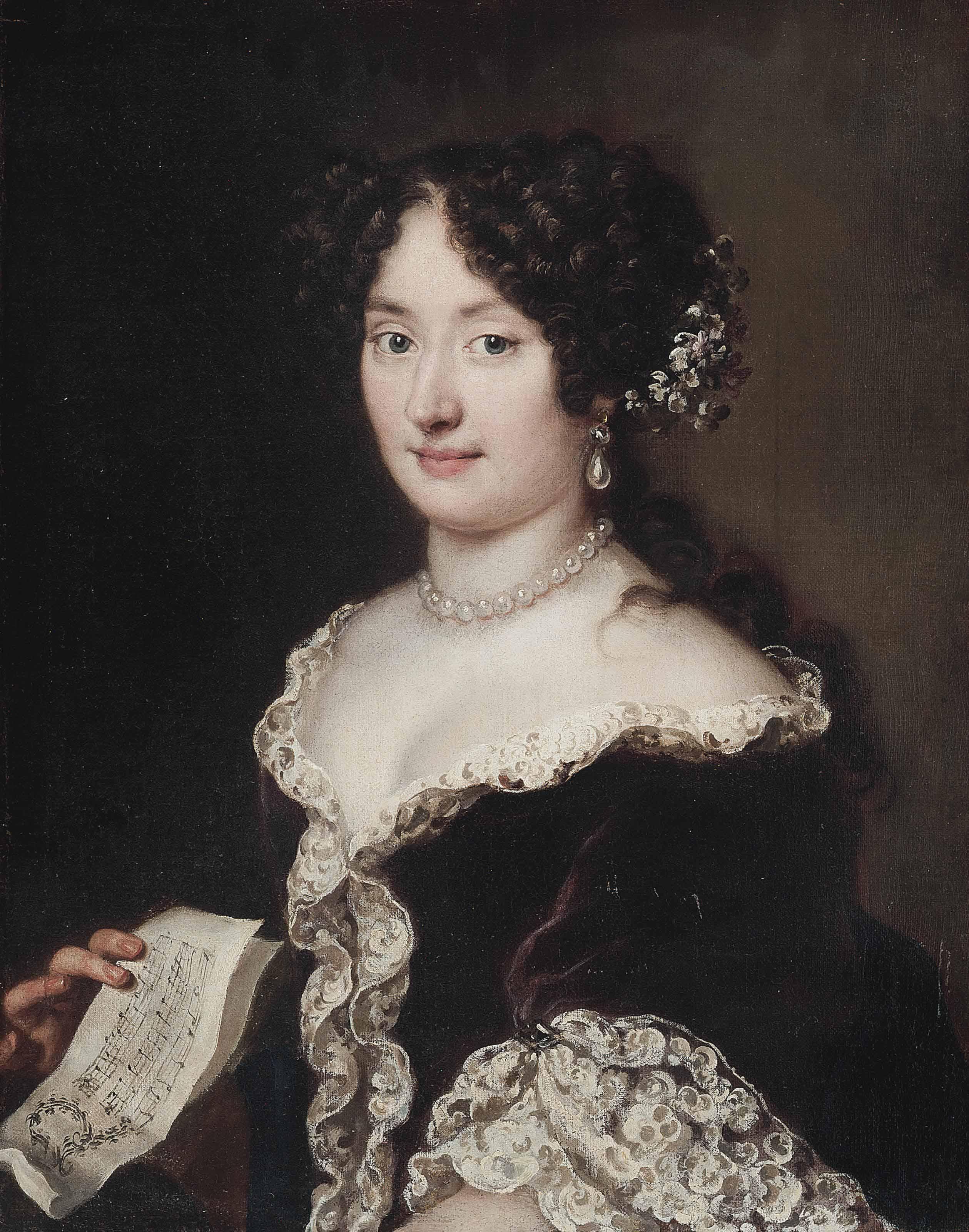 Jacob Ferdinand Voet - Portrait of a lady, half-length, in a brown dress, with flowers in her hair and wearing a pearl necklace and earrings, holding a sheet of music in her right hand