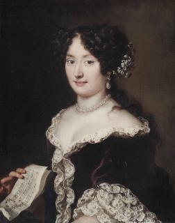 Jacob Ferdinand Voet - Portrait of a lady, half-length, in a brown dress, with flowers in her hair and wearing a pearl necklace and earrings, holding a sheet of music in her right hand