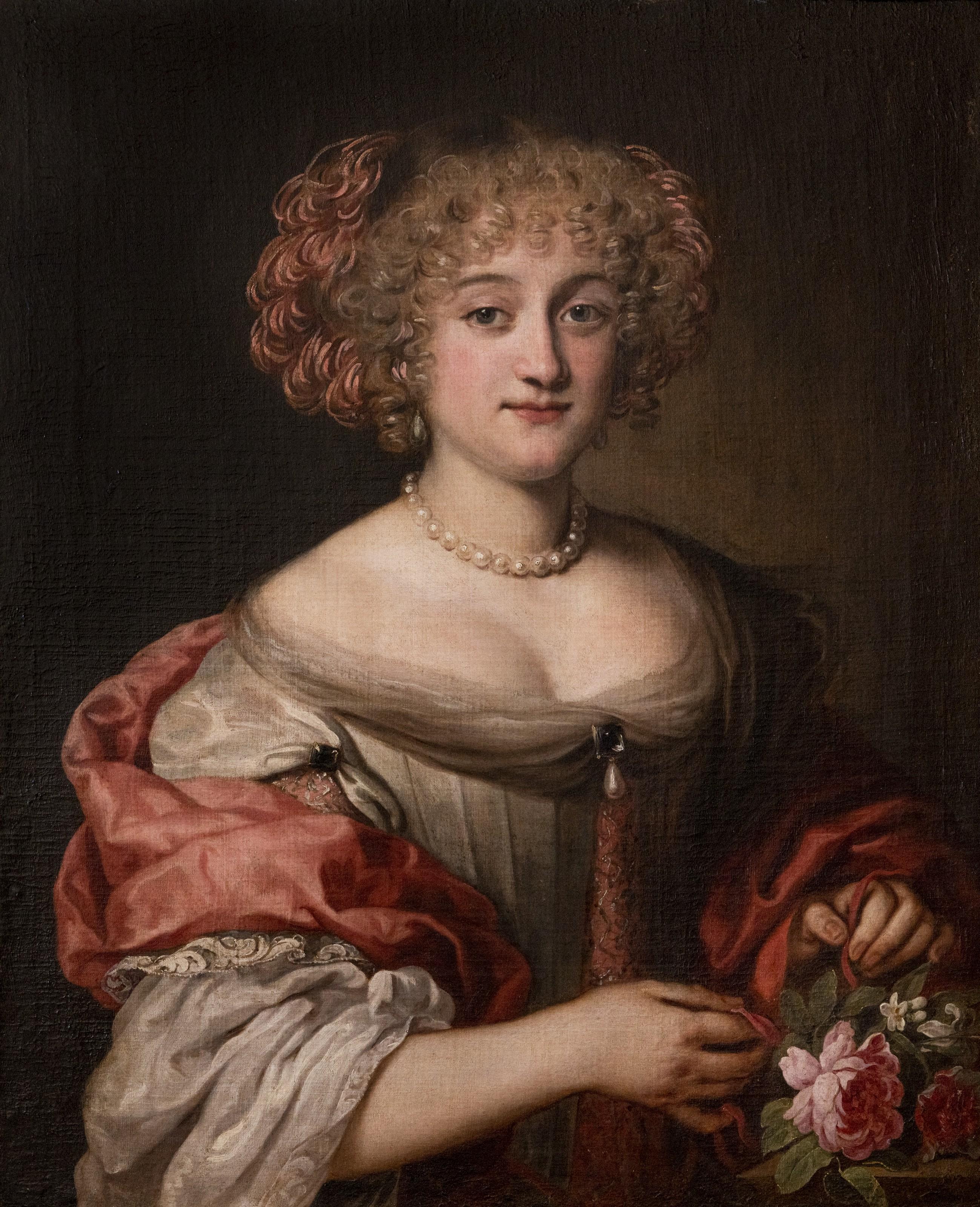 Jacob Ferdinand Voet - Portrait of a lady of the Colonna family, half-length, in a dove-grey gown and pink silk wrap