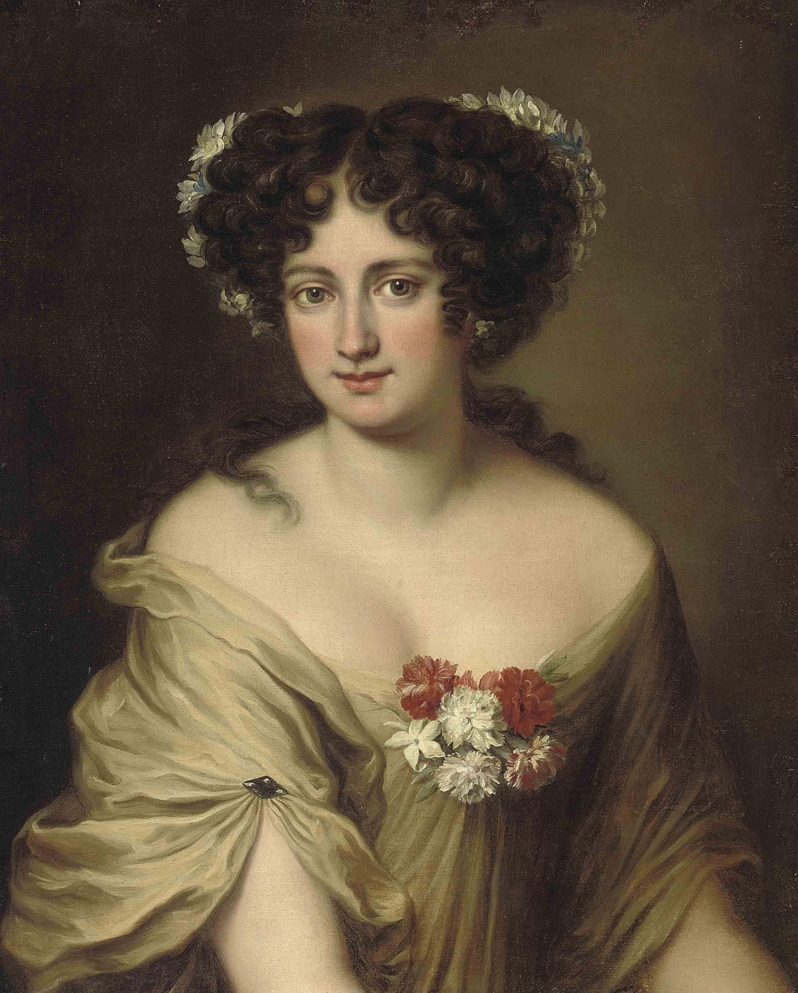 Jacob Ferdinand Voet - Portrait of Contessa Ortensia Ianni Stella, bust-length, in an ivory chemise, with flowers in her hair