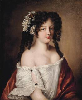 Jacob Ferdinand Voet - Portrait of Diane Gabrielle de Thianges Mancini (?-1715), as Aphrodite, half-length, in a white dress and a red wrap, with flowers in her hair