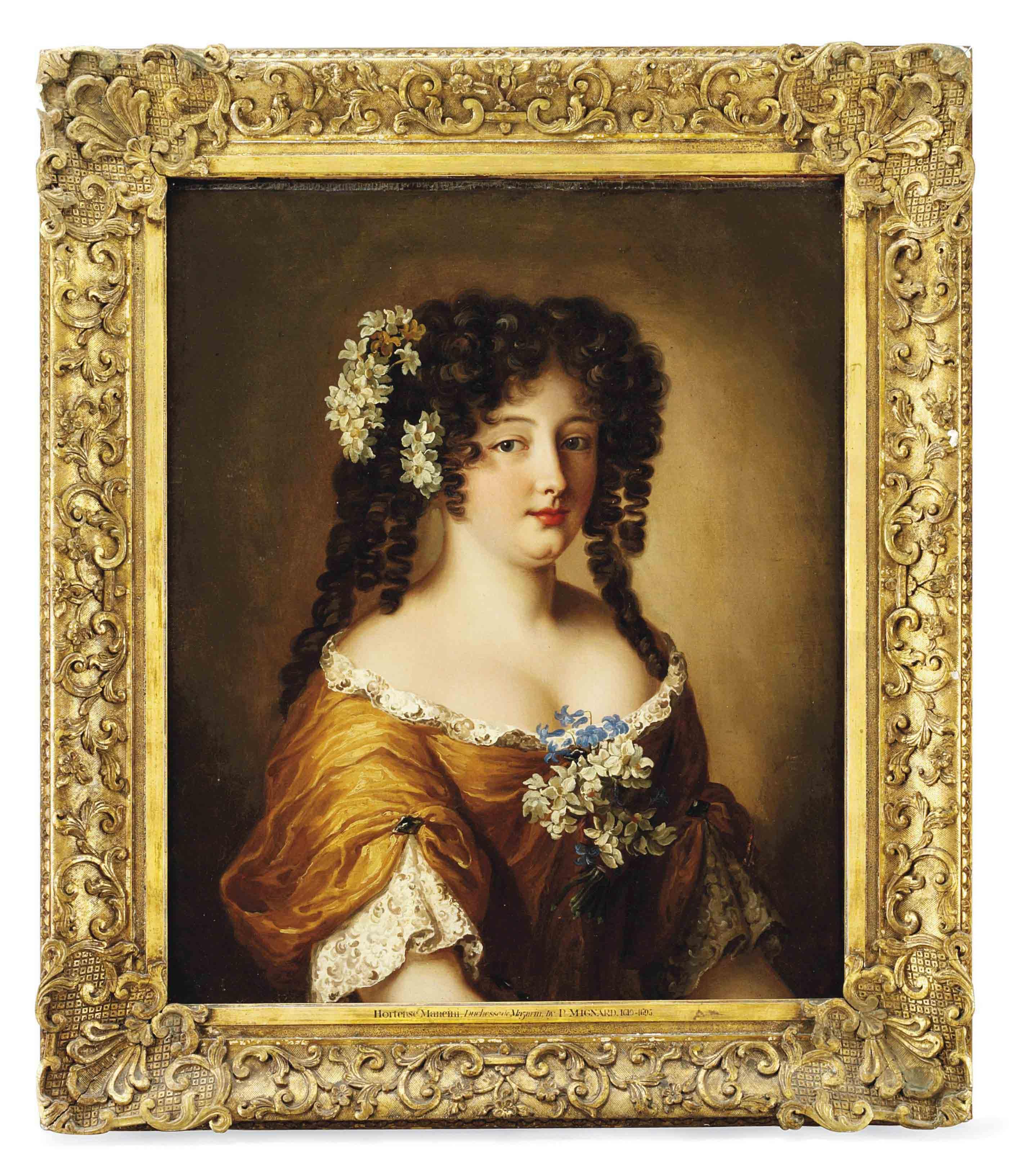 Jacob Ferdinand Voet - Portrait of Diane Gabrielle de Thianges Mancini (?-1715), bust-length, in an ochre silk dress with flowers in her hair