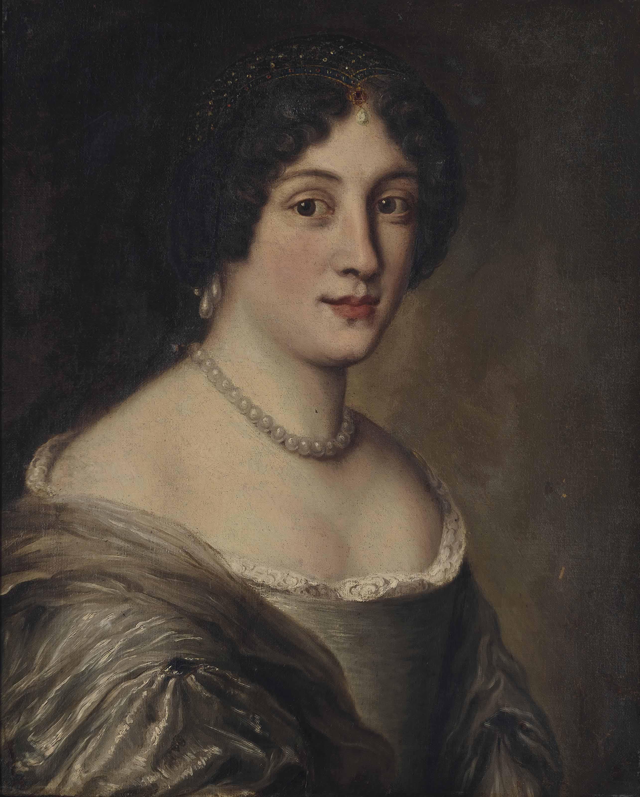 Jacob Ferdinand Voet - Portrait of Erminia Santacroce Lancellotti (1647-1706), bust-length, in a lace-trimmed oyster dress with pearl earrings and necklace, and a bejewelled head-dress