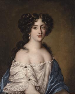 Jacob Ferdinand Voet - Portrait of Ortensia Mancini, as Aphrodite, half-length, in a white chemise and blue shawl