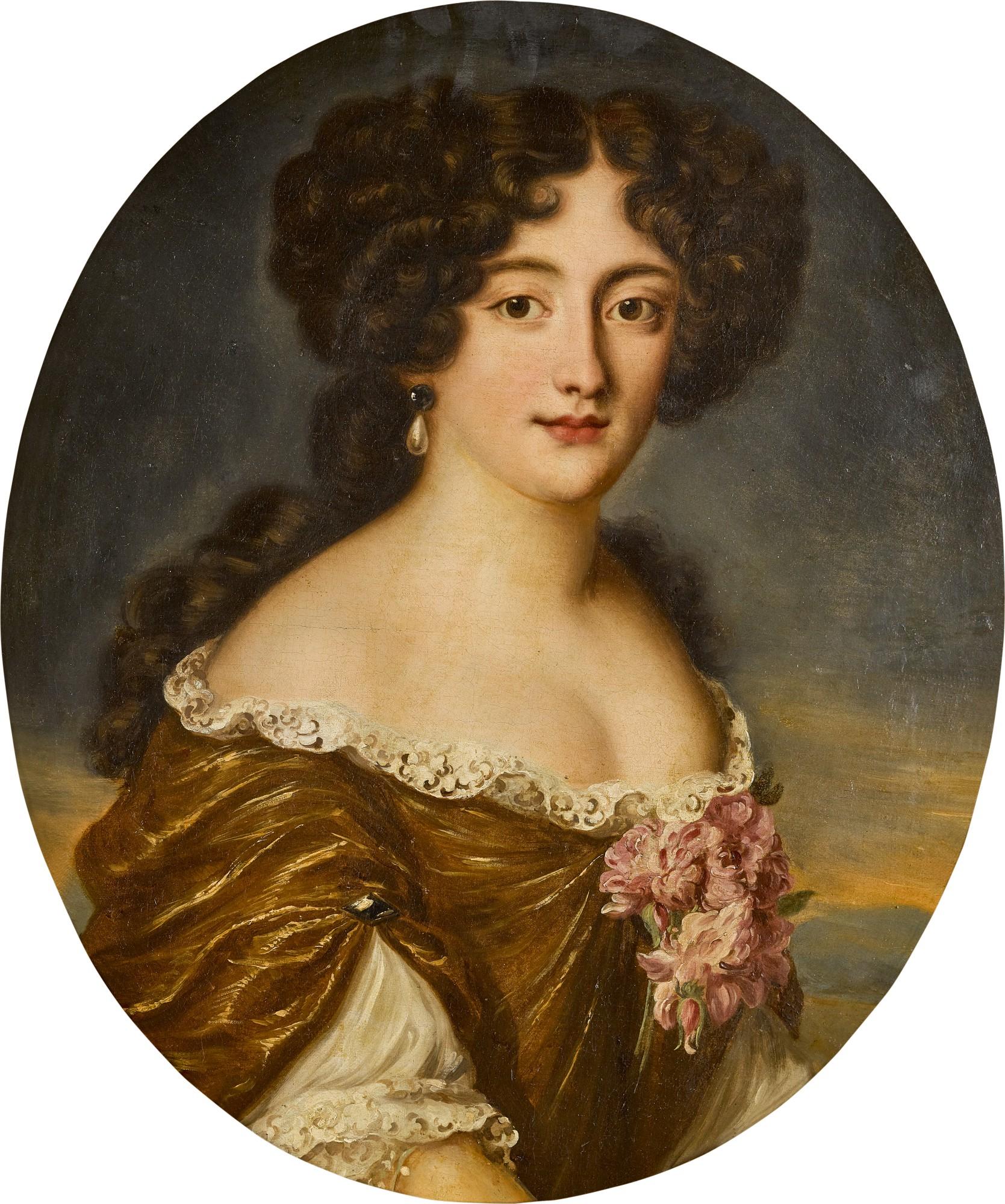 Jacob Ferdinand Voet - Portrait Of Ortensia Mancini, Duchessa Di Mazzarino (1646–1699), Half-Length, Wearing A Lace-Trimmed Gold Dress, With Pink Blooms At Her Breast
