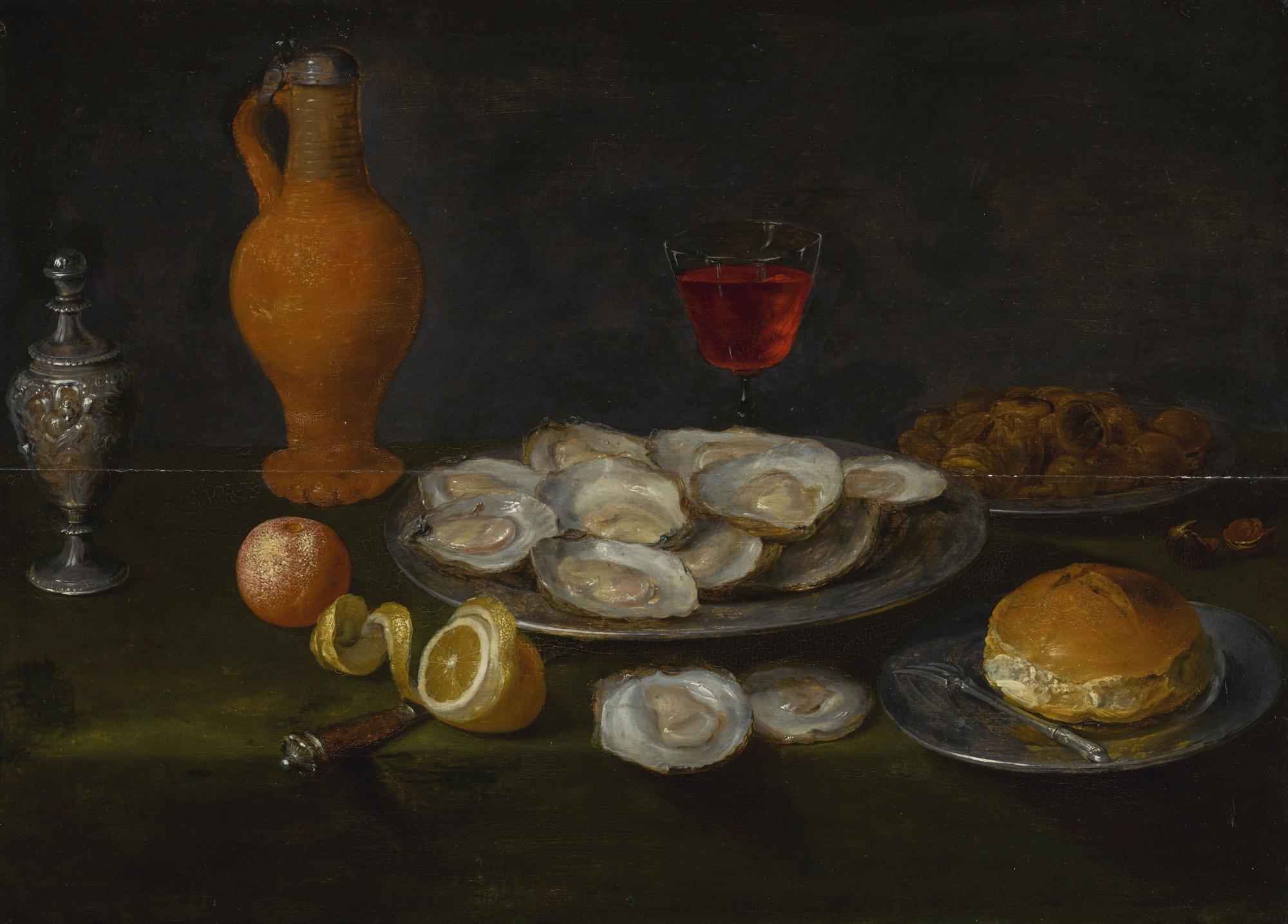 Jacob Foppens Van Es - A Still Life With Oysters, Chestnuts, All On Pewter Plates, Together With A Peeled Lemon, An Orange And Other Items On A Table