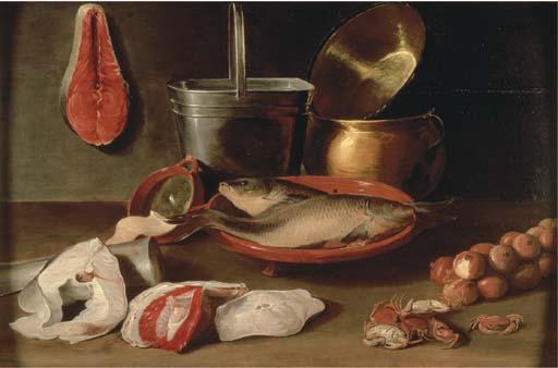 Jacob Foppens van Es - Bream in a stoneware bowl with onions, crabs, fish filets, a bucket and copper pots on a ledge