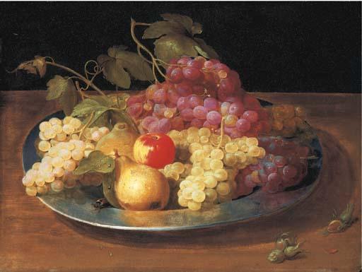 Jacob Foppens van Es - Grapes, an apple and pears with a beetle in a pewter bowl on a ledge with rosebuds