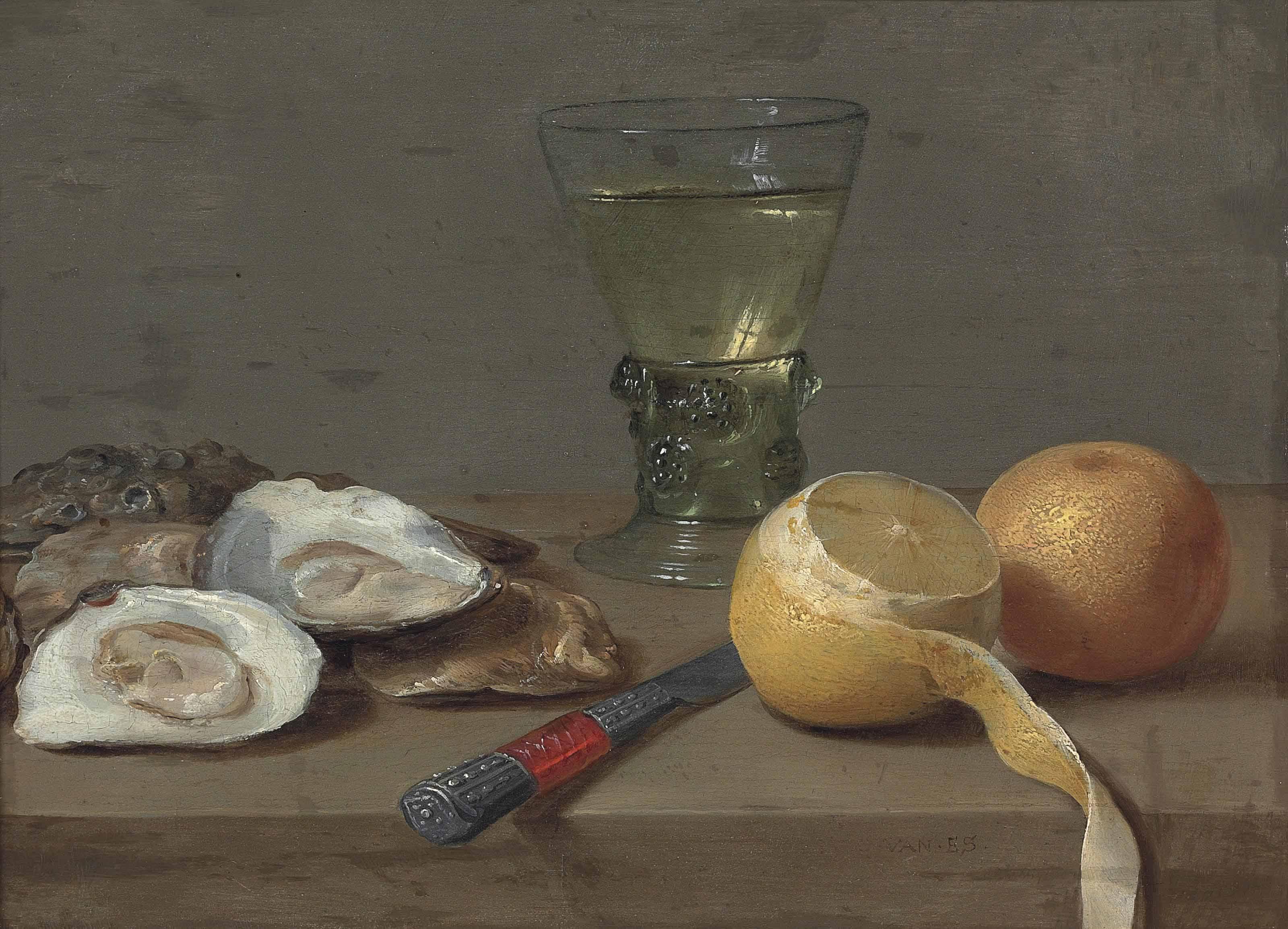 Jacob Foppens Van Es - Oysters, A Roemer, A Partly Peeled Lemon, An Orange And A Knife On A Stone Ledge