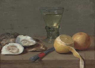 Jacob Foppens Van Es - Oysters, A Roemer, A Partly Peeled Lemon, An Orange And A Knife On A Stone Ledge