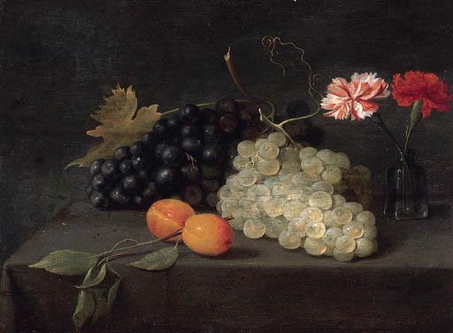 Jacob Foppens van Es - Plums, grapes and a vase of carnations on a draped table