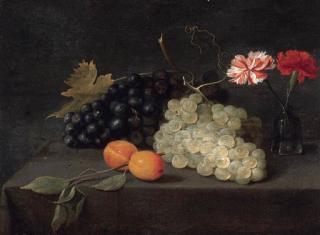 Jacob Foppens van Es - Plums, grapes and a vase of carnations on a draped table