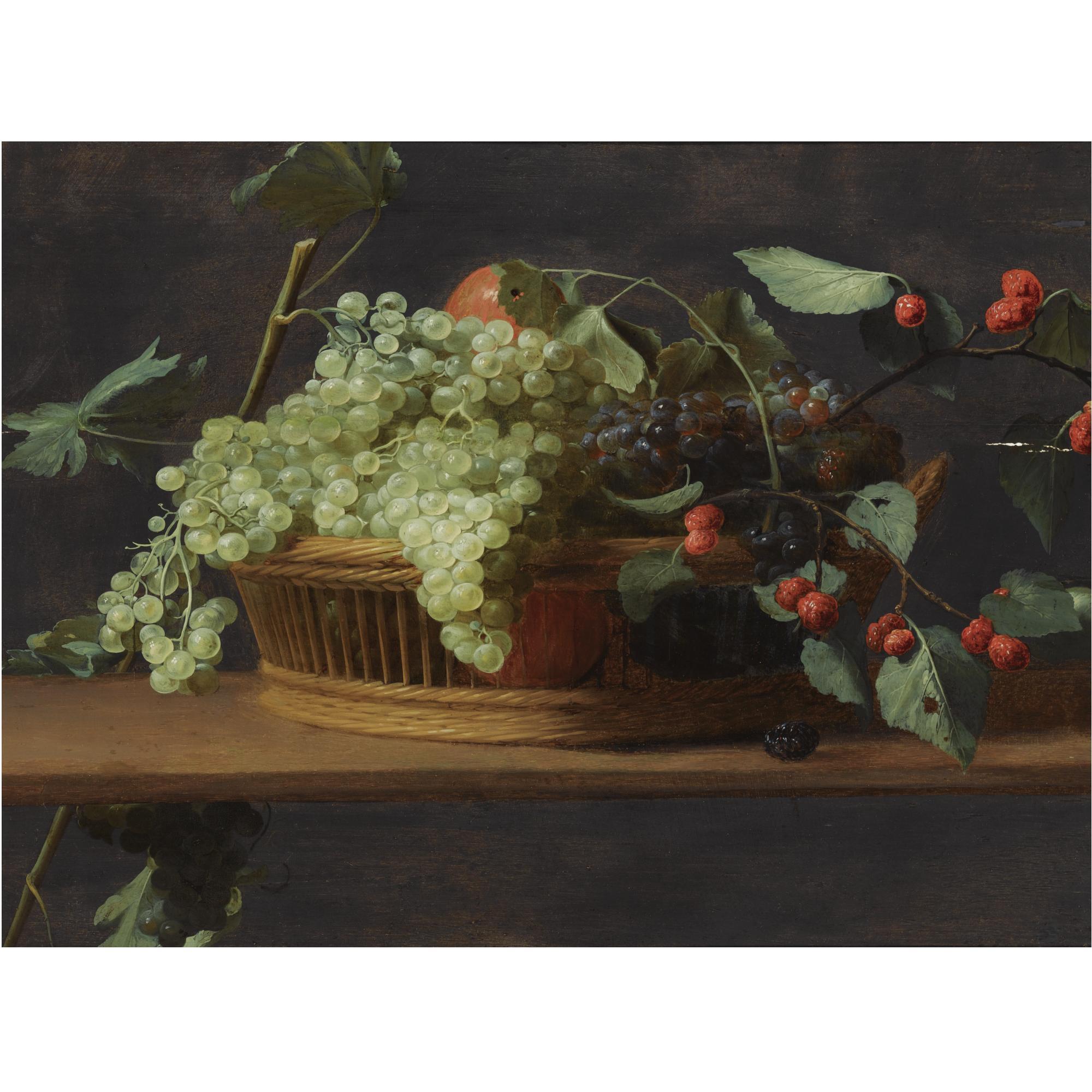 Jacob Foppens van Es - Still Life Of Blue And White Grapes, Together With Wild Strawberries, All In A Basket, On A Wooden Ledge