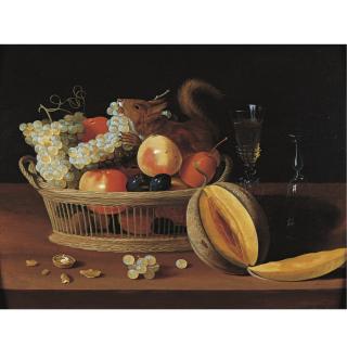 Jacob Fopsen Van Es - A Still Life Of A Basket Of Fruit With A Squirrel, Glasses, And A Melon On A Tabletop