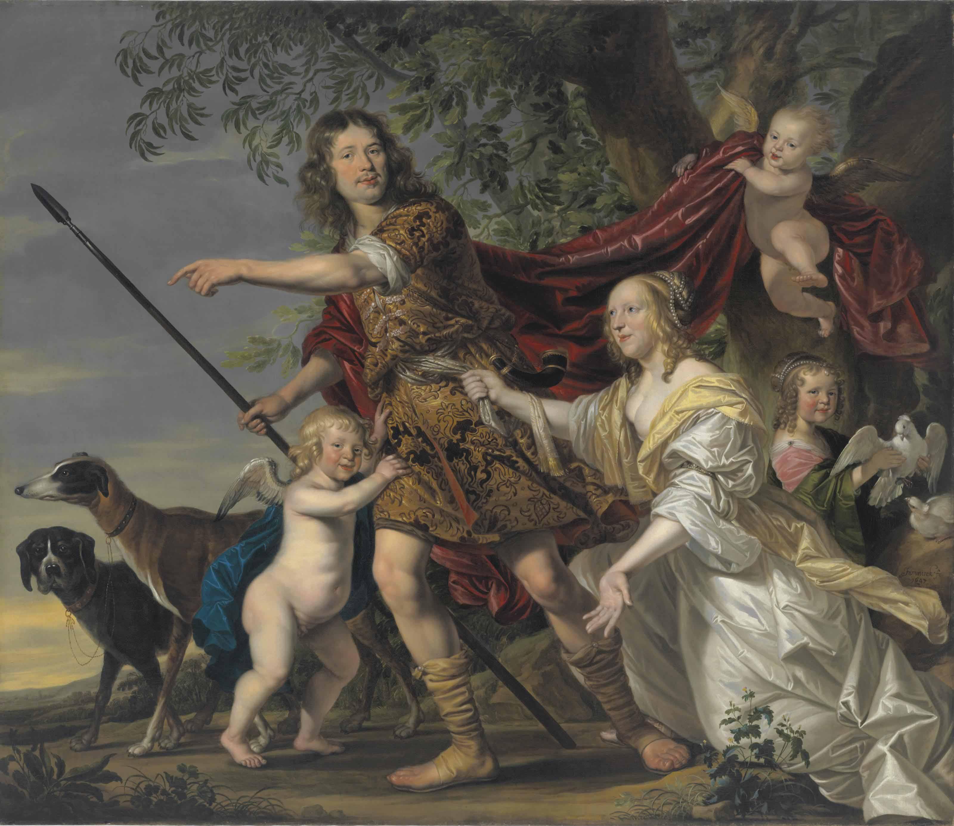 Jacob Frans Van Der Merck - Portrait of a lady and a gentleman as Venus and Adonis, full-length