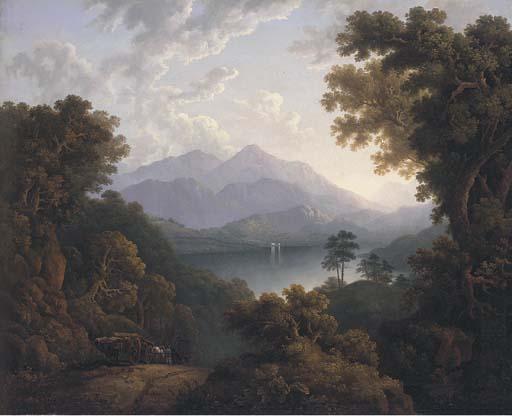 Jacob George Strutt - A log cart in a lake landscape