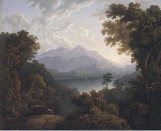 Jacob George Strutt - A log cart in a lake landscape