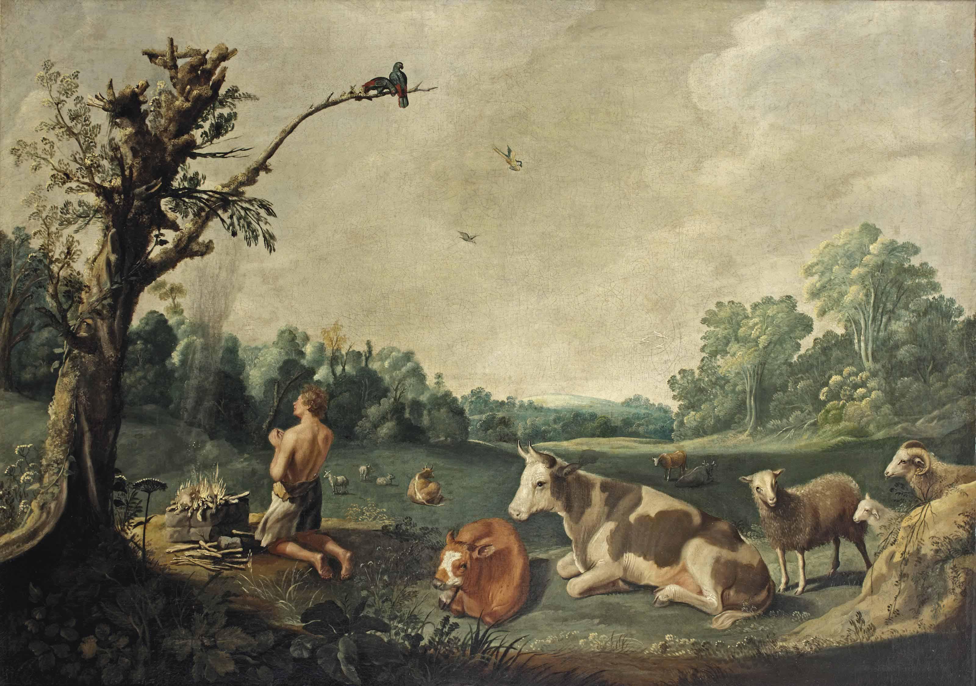Jacob Gerritsz. Cuyp - A man sacrificing a lamb, sheep and cattle resting in the foreground