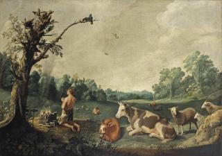 Jacob Gerritsz. Cuyp - A man sacrificing a lamb, sheep and cattle resting in the foreground
