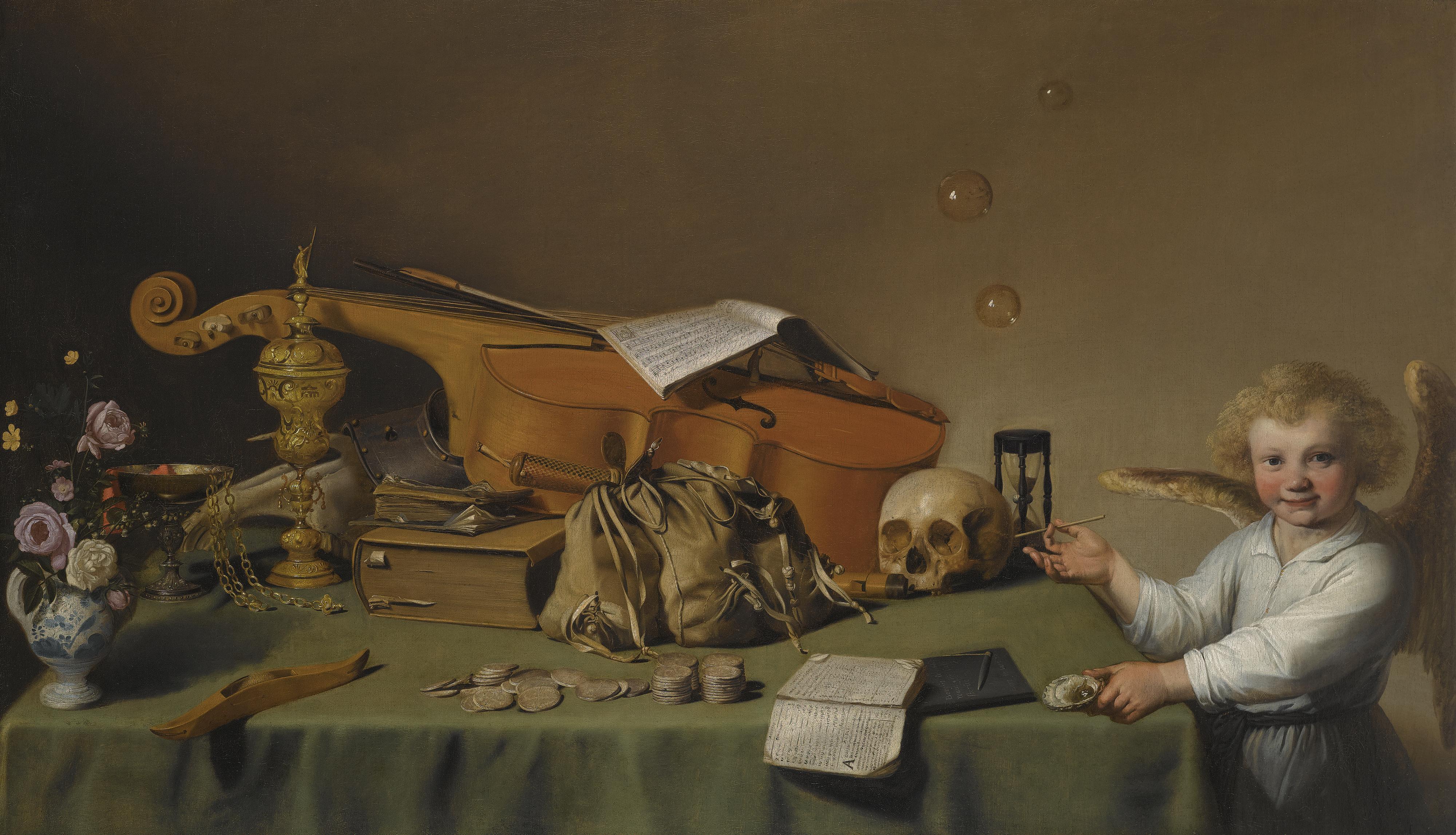 Jacob Gerritsz. Cuyp - A Vanitas Still Life With An Angel Blowing Bubbles