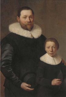 Jacob Gerritsz. Cuyp - Double portrait of a father and son, the gentleman, half-length, holding a black hat in his right hand, his son, aged 11, also holding a black hat in his right hand