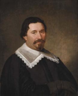 Jacob Gerritsz. Cuyp - Portrait of a gentleman, aged 47, bust-length, in black costume with a flat collar of white lace, a black coat and leather gloves
