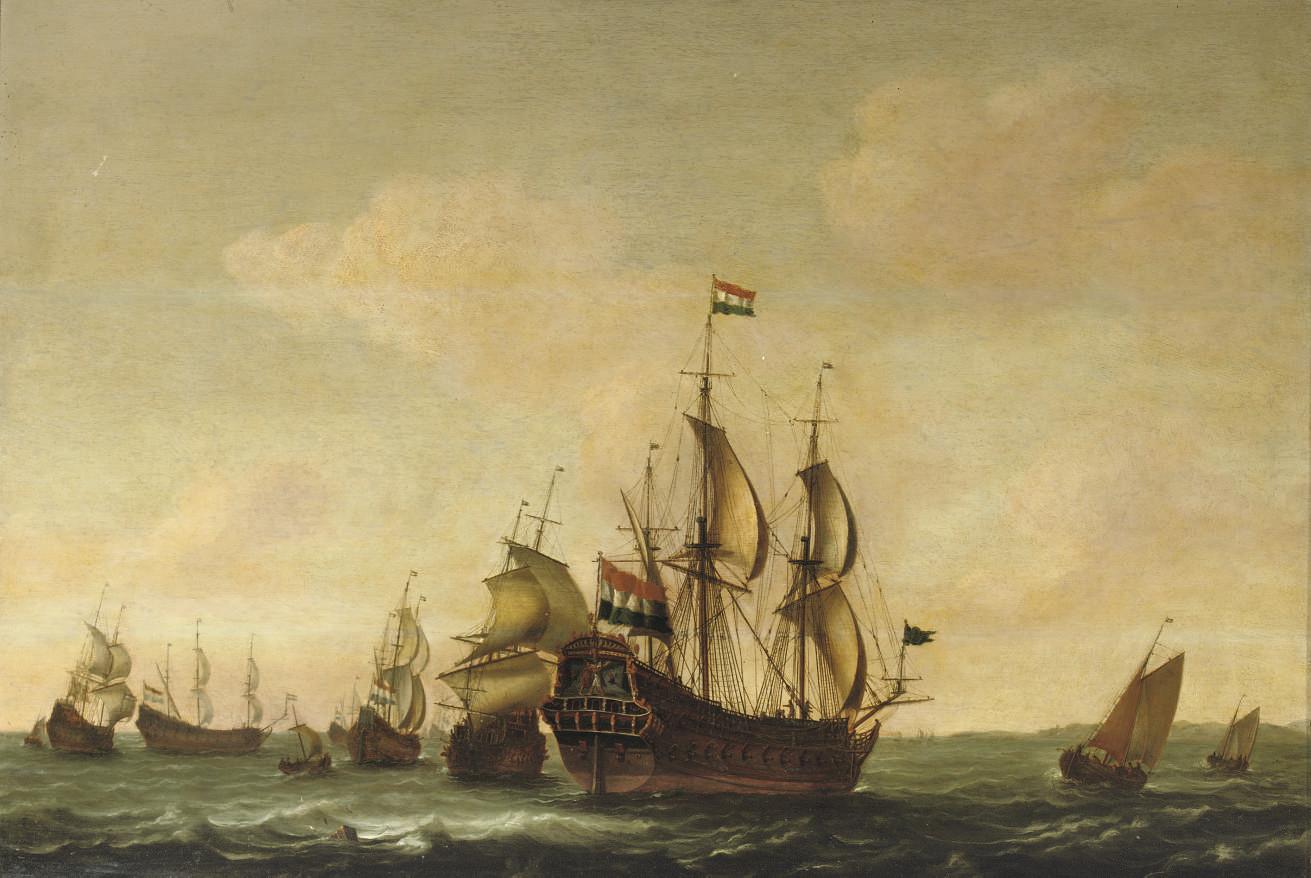 Jacob Gerritz. Loef - A man o\' war with other shipping in choppy waters