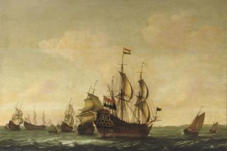 Jacob Gerritz. Loef - A man o\' war with other shipping in choppy waters