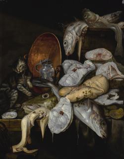Jacob Gillig - Still Life Of Fish And A Cat, With A Copper Basin