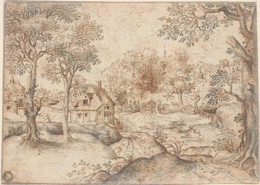 Jacob Grimmer - A landscape with a village, a church on a hill in the background (recto); A ruined courtyard, after Dürer\'s engraving of The Nativity (Bartsch 2) (verso)