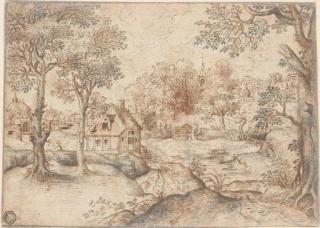 Jacob Grimmer - A landscape with a village, a church on a hill in the background (recto); A ruined courtyard, after Dürer\'s engraving of The Nativity (Bartsch 2) (verso)