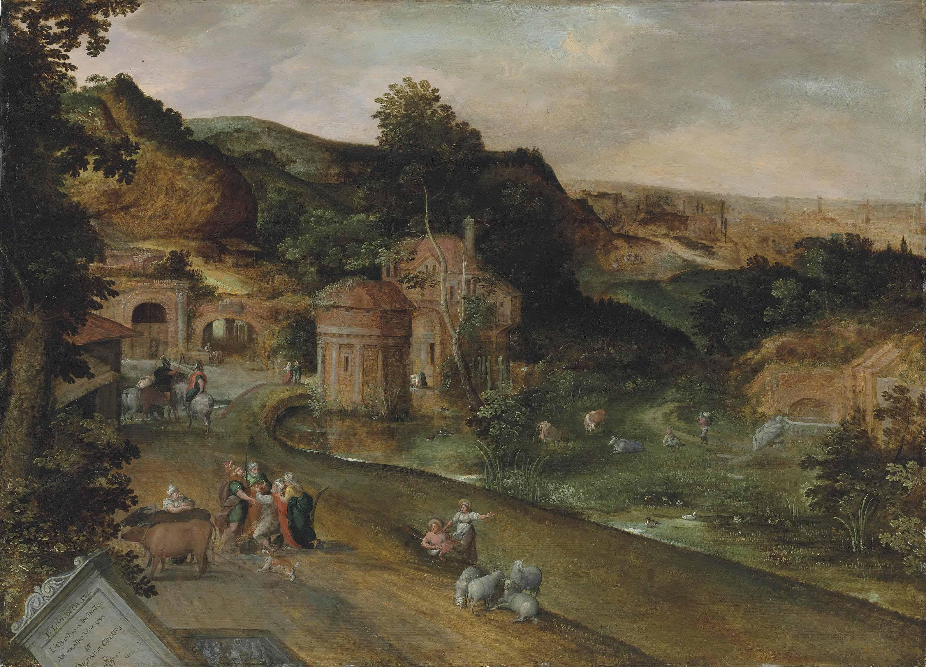 Jacob Grimmer - An extensive Italianate landscape with the calling of Cincinnatus from the plough, a view of Rome beyond