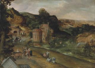 Jacob Grimmer - An extensive Italianate landscape with the calling of Cincinnatus from the plough, a view of Rome beyond