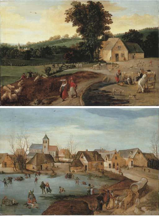 Jacob Grimmer - Summer: a landscape with peasants, cattle and sheep; and Winter: a village scene with skaters on a frozen lake
