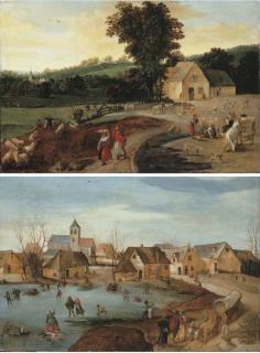 Jacob Grimmer - Summer: a landscape with peasants, cattle and sheep; and Winter: a village scene with skaters on a frozen lake