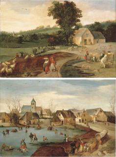 Jacob Grimmer - Summer: a landscape with peasants, cattle and sheep by a farm house; and Winter: a village scene with skaters on a frozen lake