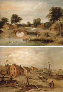 Jacob Grimmer - Summer: A landscape with peasants dipping sheep in a river; and Winter: A village scene with peasants felling trees