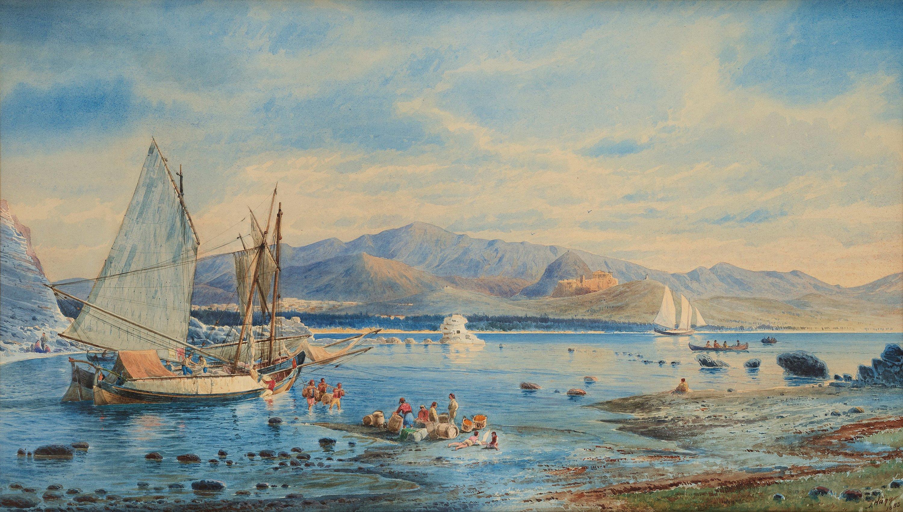 Jacob Hägg - Coastal landscape with anchored ships.