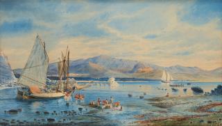 Jacob Hägg - Coastal landscape with anchored ships.