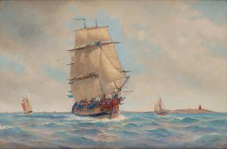 Jacob Hägg - Ship of the line under full sail off Vinga.