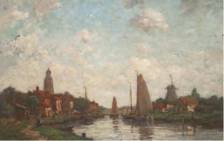 Jacob Henricus Maris - Barges on a river at a Dutch settlement
