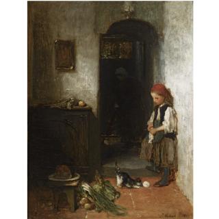 Jacob Henricus Maris - Dutch a Girl With A Playing Kitten