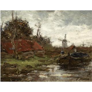 Jacob Henricus Maris - Dutch A Polder Landscape With Figures In A Boat