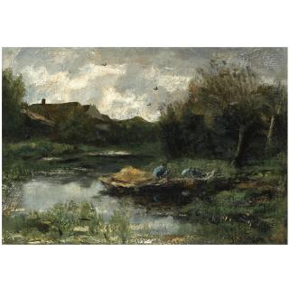 Jacob Henricus Maris - Dutch A Summer Landscape With A Peasant In A Barge