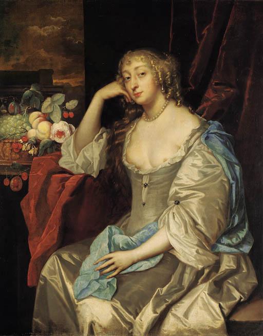 Jacob Huysmans - Portrait Of A Lady, Three-Quarter-Length, In A Grey Dress And Blue Wrap, Her Right Arm Resting On A Table With A Bowl Of Fruit And Flowers, A Red Curtain And Landscape Beyond