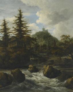 Jacob Isaacksz. Van Ruisdael - A Mountainous Landscape With A Fast-Running River Passing A Cottage, A Castle On The Hill Beyond