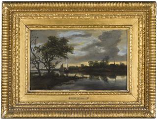 Jacob Isaacksz. Van Ruisdael - A River Landscape At Dusk With A Fisherman On A Bank In The Foreground