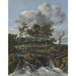Jacob Isaacksz. Van Ruisdael - A River Landscape With A Man Crossing A Bridge Above A Waterfall, A Stand Of Oaks Beyond